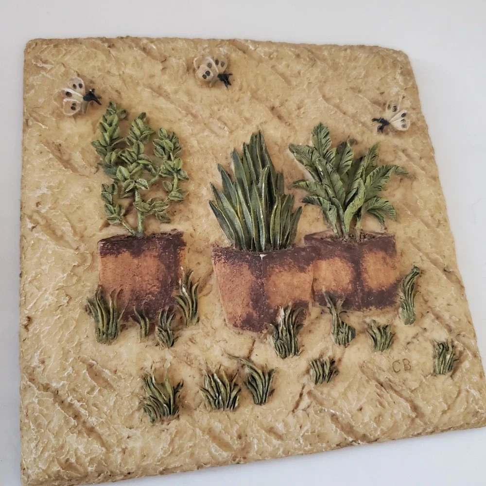 Vintage CB Beehive and Potted Plants Resin Wall Plaques Set of 2 Garden Art